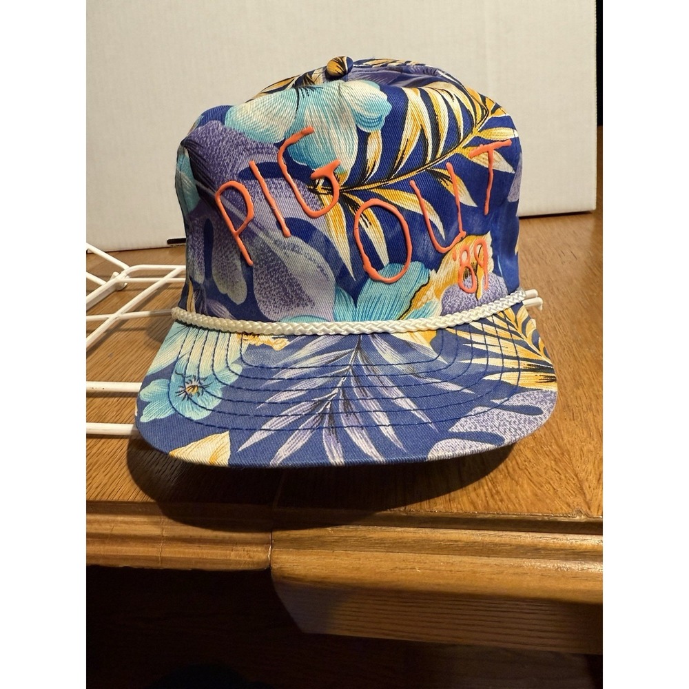Vintage 1989 San‎ Sun Hawaiian Floral Snapback Hat Rope Puff Paint "Pig Out '89"